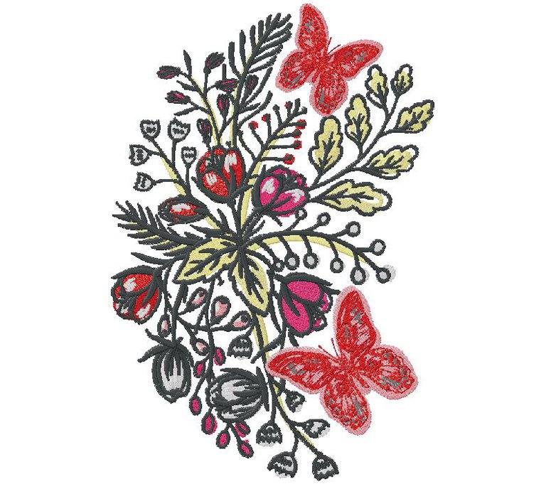 flowers with butterflies embroidery design